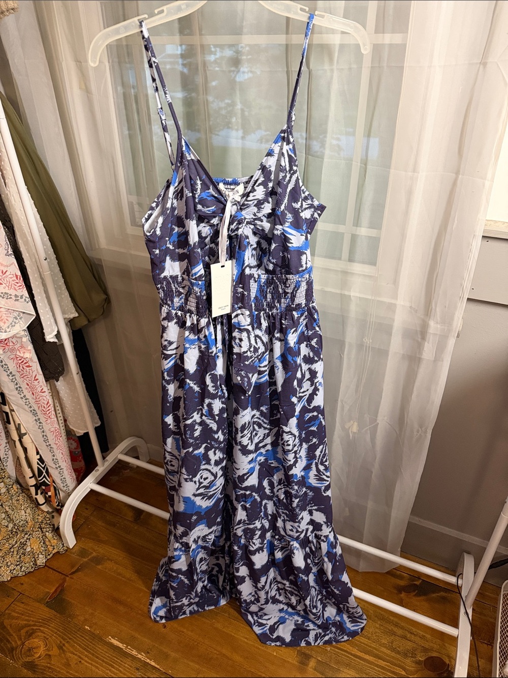 Grace Karin Blue and White Abstract Print Tie-Front Maxi Camisole Dress